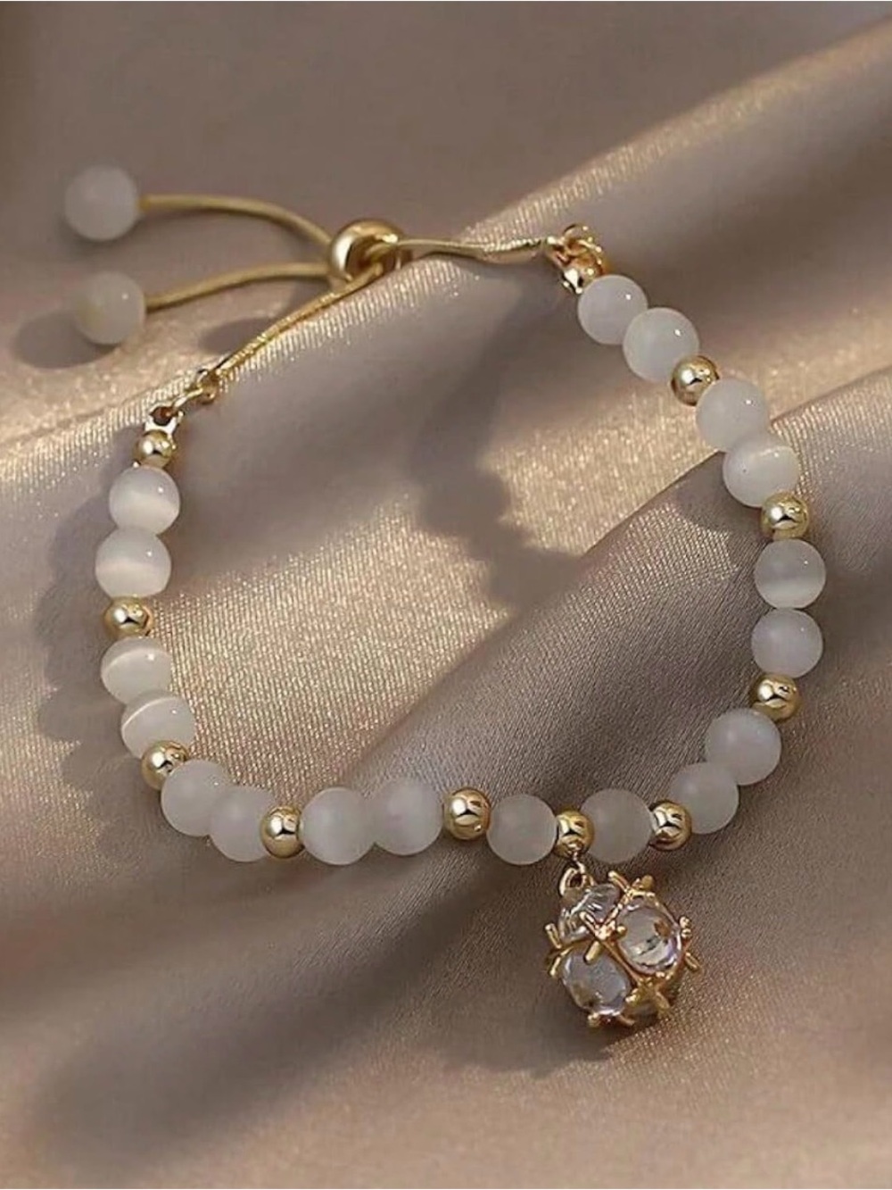 White Beaded Adjustable Bracelet with Crystal Charm Gold Tone-New